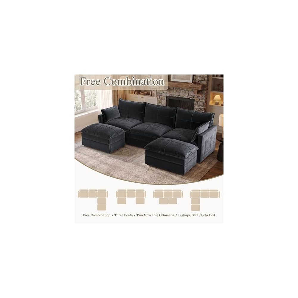 Grey U Shaped Couch, Modern Modular Convertible Sectional, L Shaped Sofa with Removable Washable Covers, Deep Seat Cloud Couch with 300 LBS Per Seat Capacity for Living Room, Bedroom