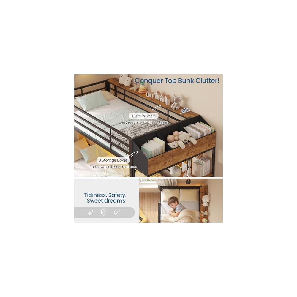 Twin Over Twin Bunk Bed with 6 Storage Drawers & 3 Boxes, Dual Side Shelves, Twin Bunk Beds for Kids with LED Lights and Charging Station, Heavy Duty Metal Bunk Bed with Safety Guardrail and Ladder