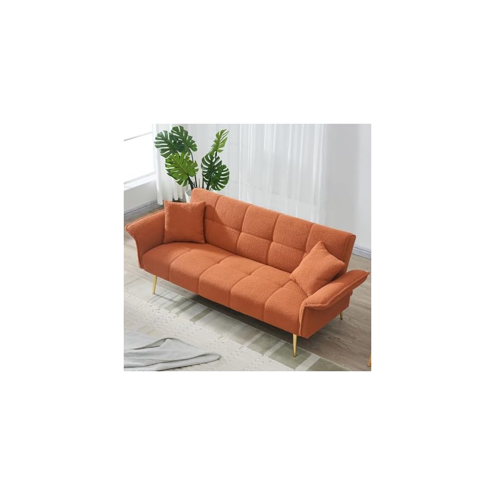70" Convertible Loveseat Sleeper Sofa Orange,with 3 Reclining Backrests,Covertible Foldable Couch Bed,Teddy Fabric Loveseat Couch for Living Room, Apartment,Office