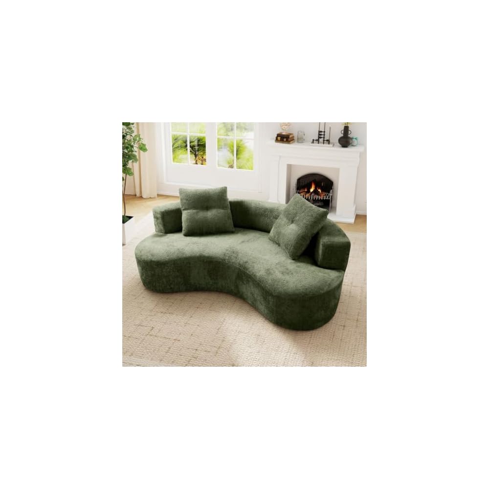 Curved Cloud Boneless Couch, Boucle Fabric Modern Comfy Loveseat Sofa with Deep Seat & 2 Pillows, Upholstered Oversized Couch for Living Room, Bedroom, Apartment, No Assembly Required(Green, 80" W)