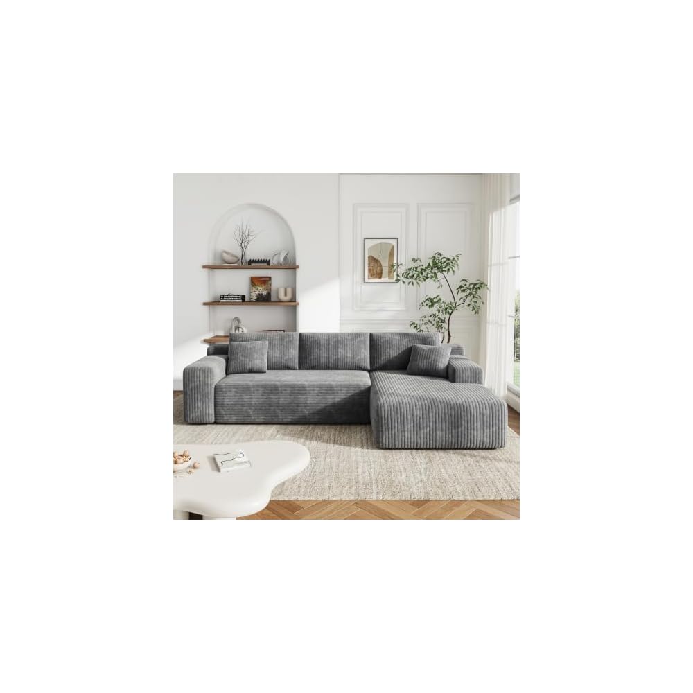 96'' L-Cloud Sectional Boneless Couches for Living Room, Corduroy Fabric Modular Sectional Sofa with Chaise, Cloud-Couch Deep Seat Sofa, No Assembly Required, Gray