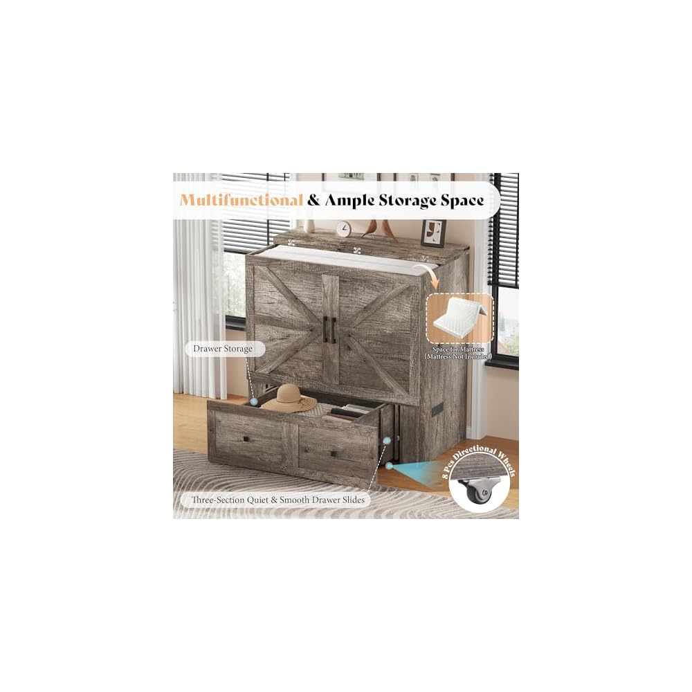 Twin Murphy Bed with Storage & Charging Station