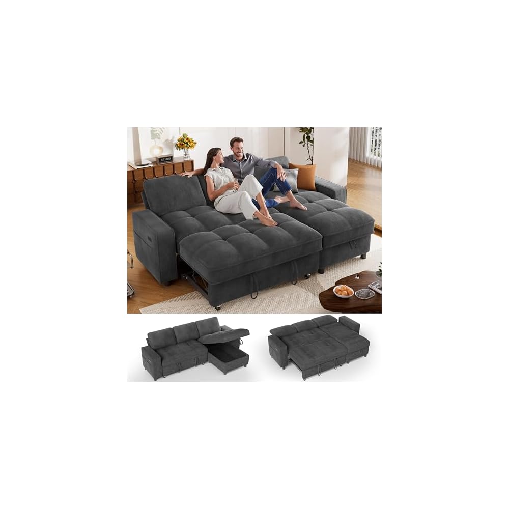 Pull Out Sofa Bed, 81" L Shaped Couch Sleeper Sofa with Reclining Backrest | Reversible Storage Chaise | USB Port | Side Pocket | Tool-Free Assembly | Chenille Dark Grey