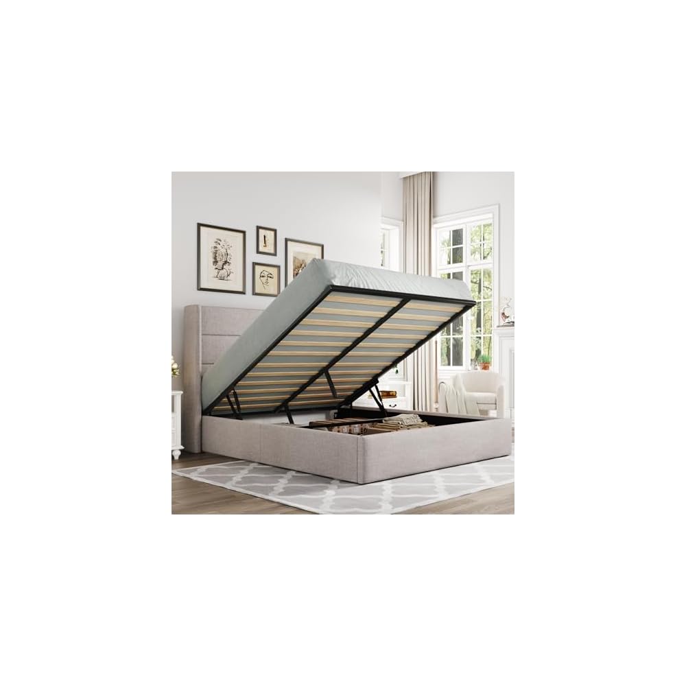 Queen Size Lift Up Hydraulic Storage Bed Frame Light Beige