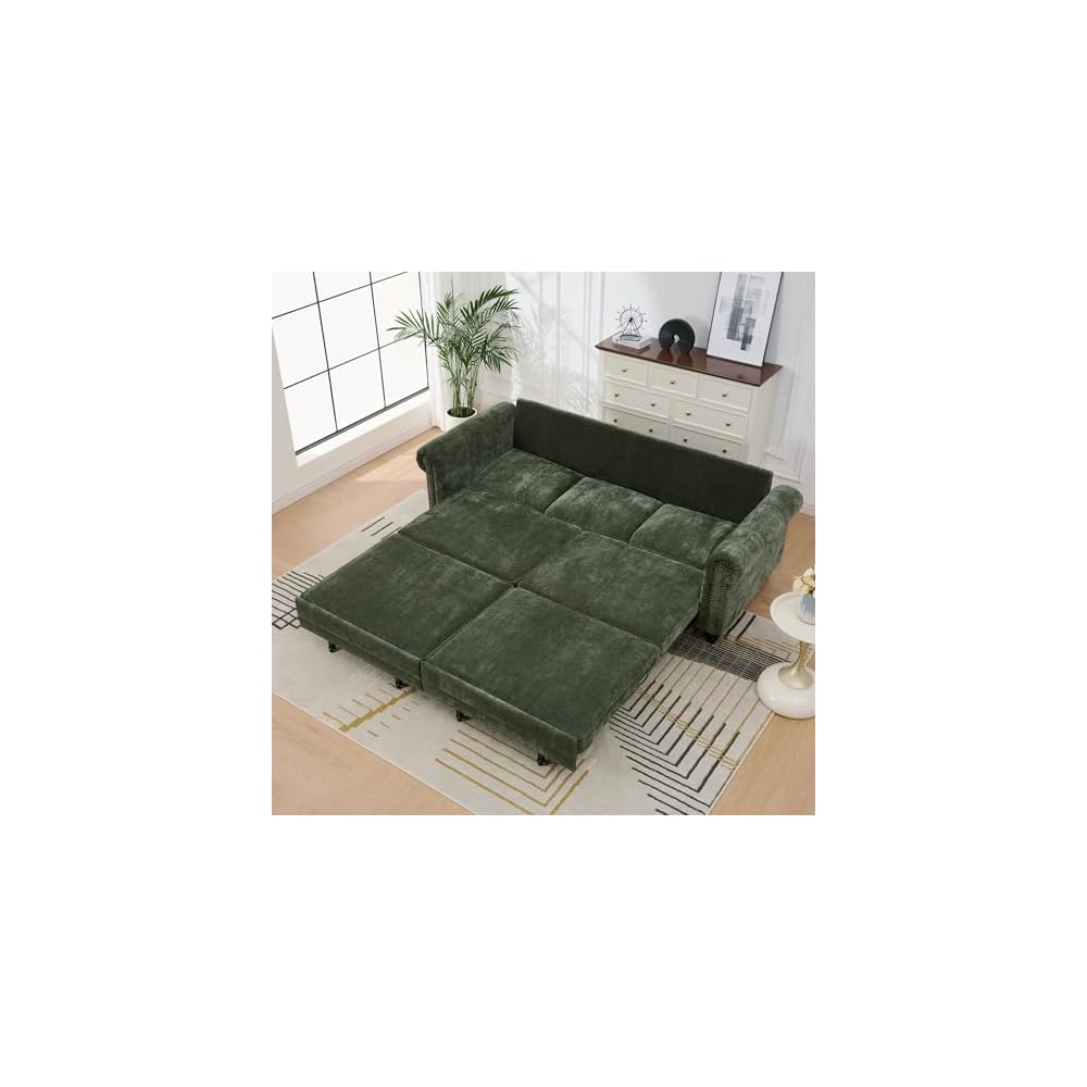 King Size Pull Out Sofa Bed 3 in 1 Classic Modern Convertible Sleeper Chenille Upholstery Nailhead, Rolled Arm Sturdy Metal Frame 600 lbs for Living Room Apartment Office Small Spaces, Green
