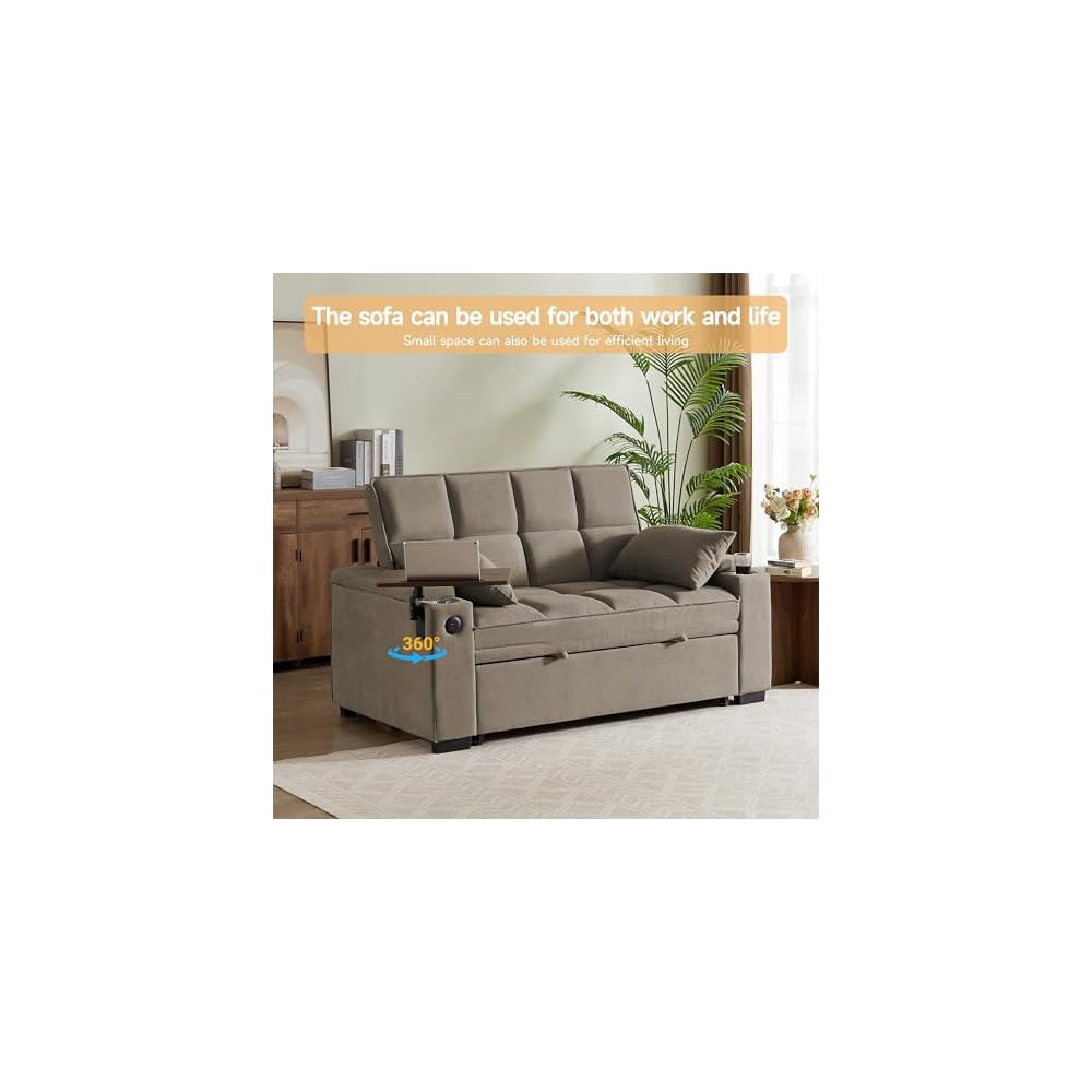 65" Sleeper Sofa Bed Loveseat, Convertible Couch for Living Room, RV Sofa with Adjustable Backrest, Chaise Lounge, Side Table, USB & Type-C Ports