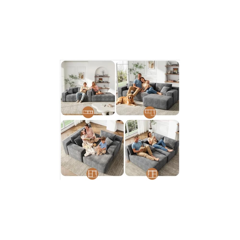 96'' L-Cloud Sectional Boneless Couches for Living Room, Corduroy Fabric Modular Sectional Sofa with Chaise, Cloud-Couch Deep Seat Sofa, No Assembly Required, Gray