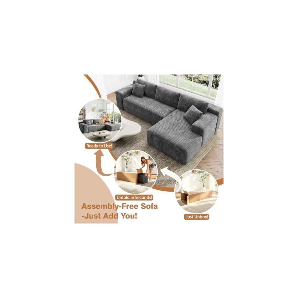 96'' L-Cloud Sectional Boneless Couches for Living Room, Corduroy Fabric Modular Sectional Sofa with Chaise, Cloud-Couch Deep Seat Sofa, No Assembly Required, Gray