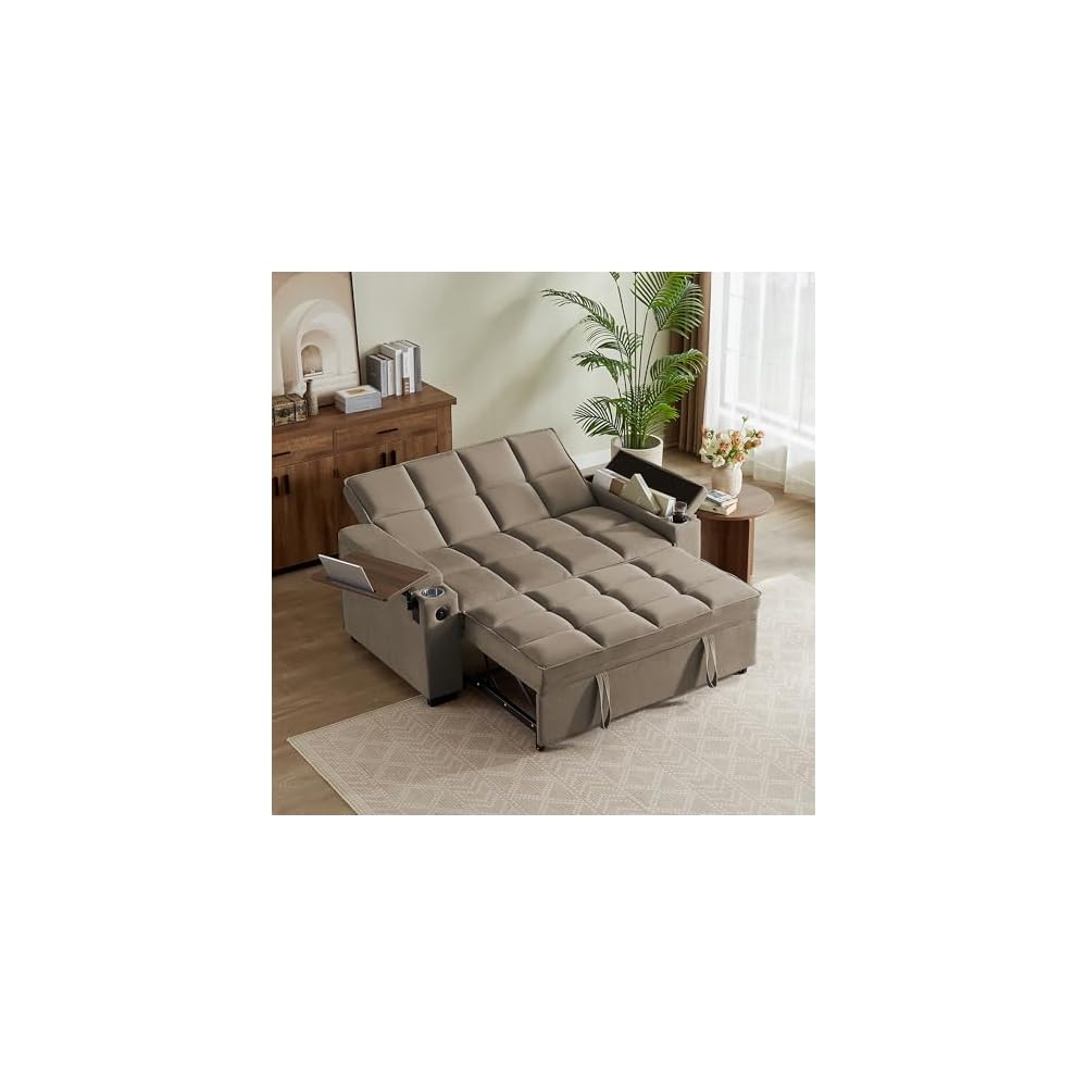 65" Sleeper Sofa Bed Loveseat, Convertible Couch for Living Room, RV Sofa with Adjustable Backrest, Chaise Lounge, Side Table, USB & Type-C Ports