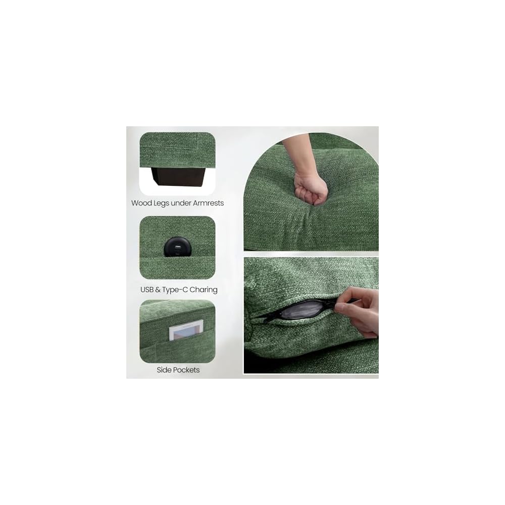 100" Modular Sofa with Seats Storage, Comfy 3-Seater Chenille Fabric Couch for Living Room, Office, Apart W/Deep Seat, USB Charging, Upholstered Couch with Removable Cover(Green)