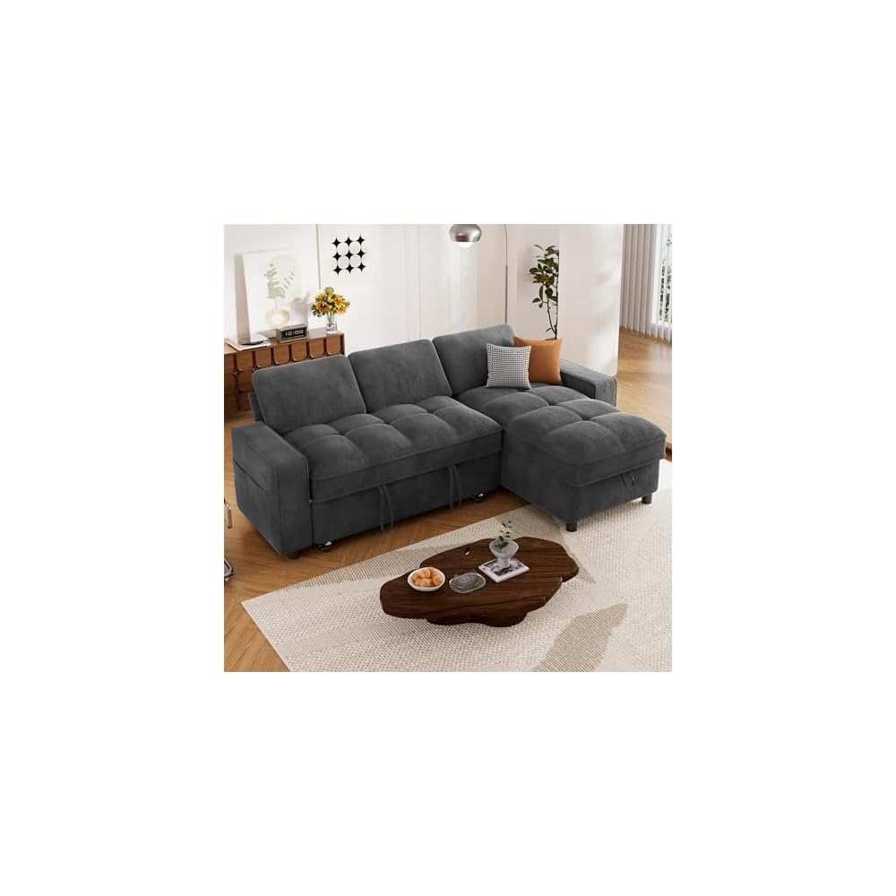 Pull Out Sofa Bed, 81" L Shaped Couch Sleeper Sofa with Reclining Backrest | Reversible Storage Chaise | USB Port | Side Pocket | Tool-Free Assembly | Chenille Dark Grey