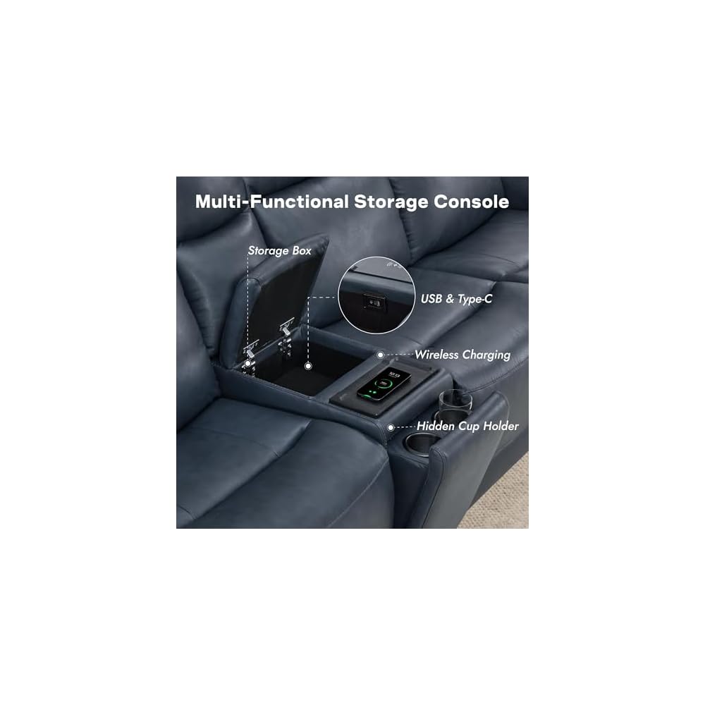 Power Reclining Sofa Loveseat with Console, Blue