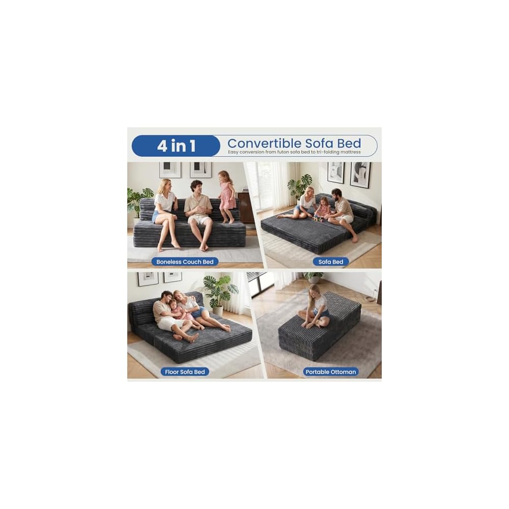 Tri-Fold Futon Sofa Bed, 6 Inch Foldable Floor Couch, High-Density Foam Convertible Sleeper Sofa with Removable Washable Corduroy Cover, Portable Floor Mattress for Living Room