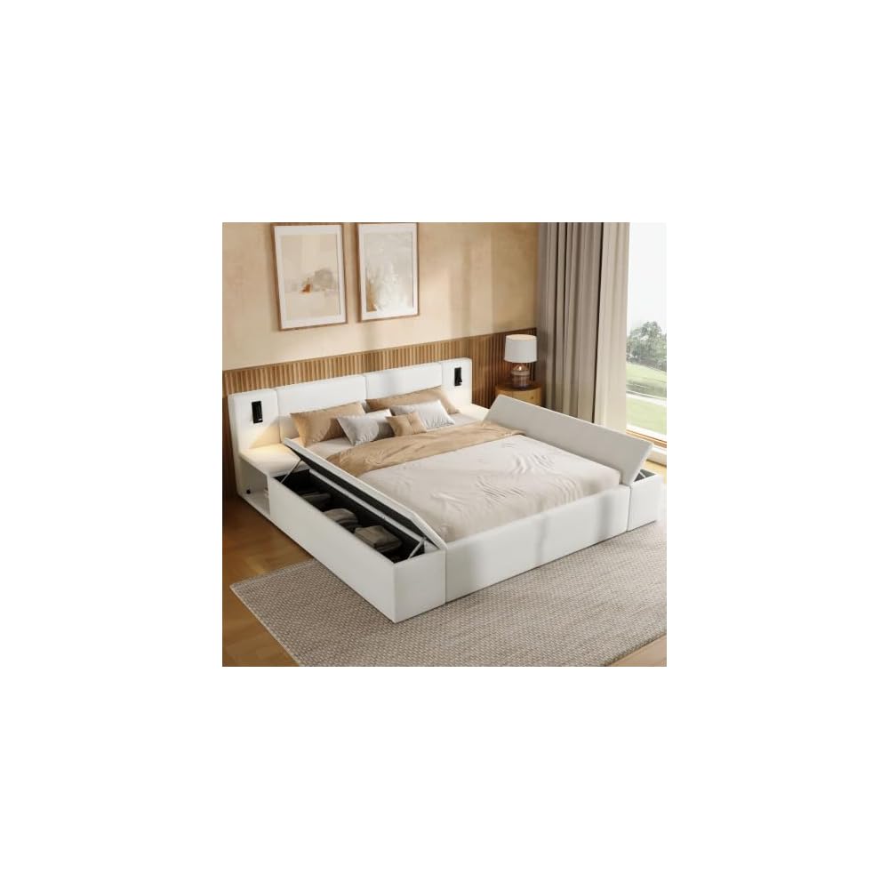 Bouclé Upholstered Platform Bed with Headboard, Hidden Storage,White