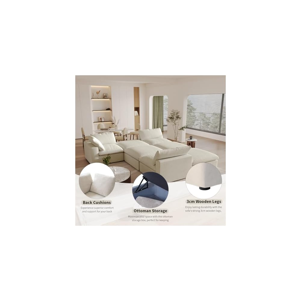 Cloud Modular Sectional Sofa with Storage Ottoman,120.45" L Shaped Couch for Living Room,Down Filled Convertible Couch Deep Seat for Office Apartment,Covers Washable&Replaceable,Khaki