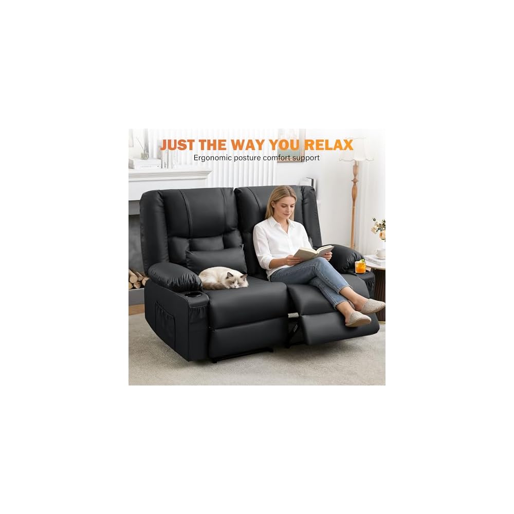 Black Leather Loveseat Recliner with Massage/Heat, Recliner Couch