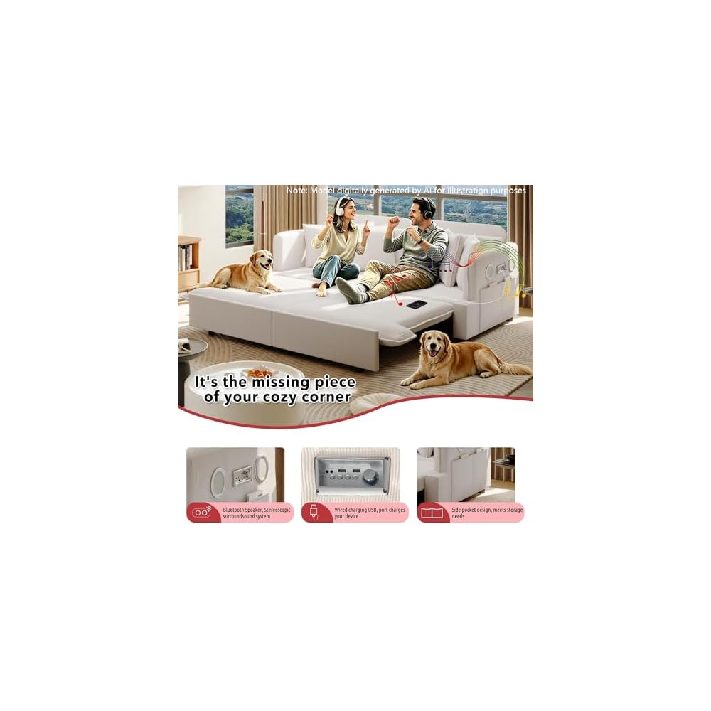81.8" Sleeper Sofa Bed King Size, 3-in-1 Convertible Corduroy Sofa, Beige