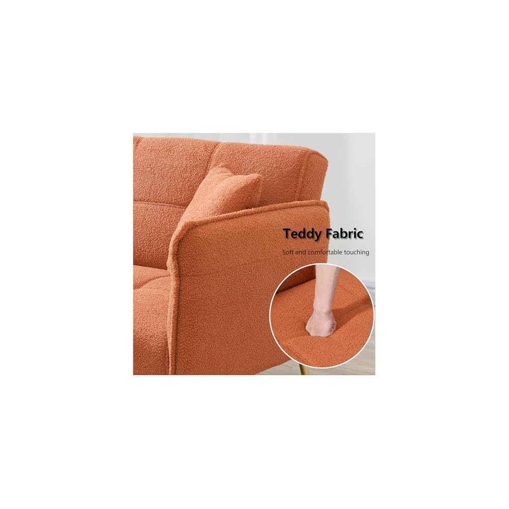 70" Convertible Loveseat Sleeper Sofa Orange,with 3 Reclining Backrests,Covertible Foldable Couch Bed,Teddy Fabric Loveseat Couch for Living Room, Apartment,Office