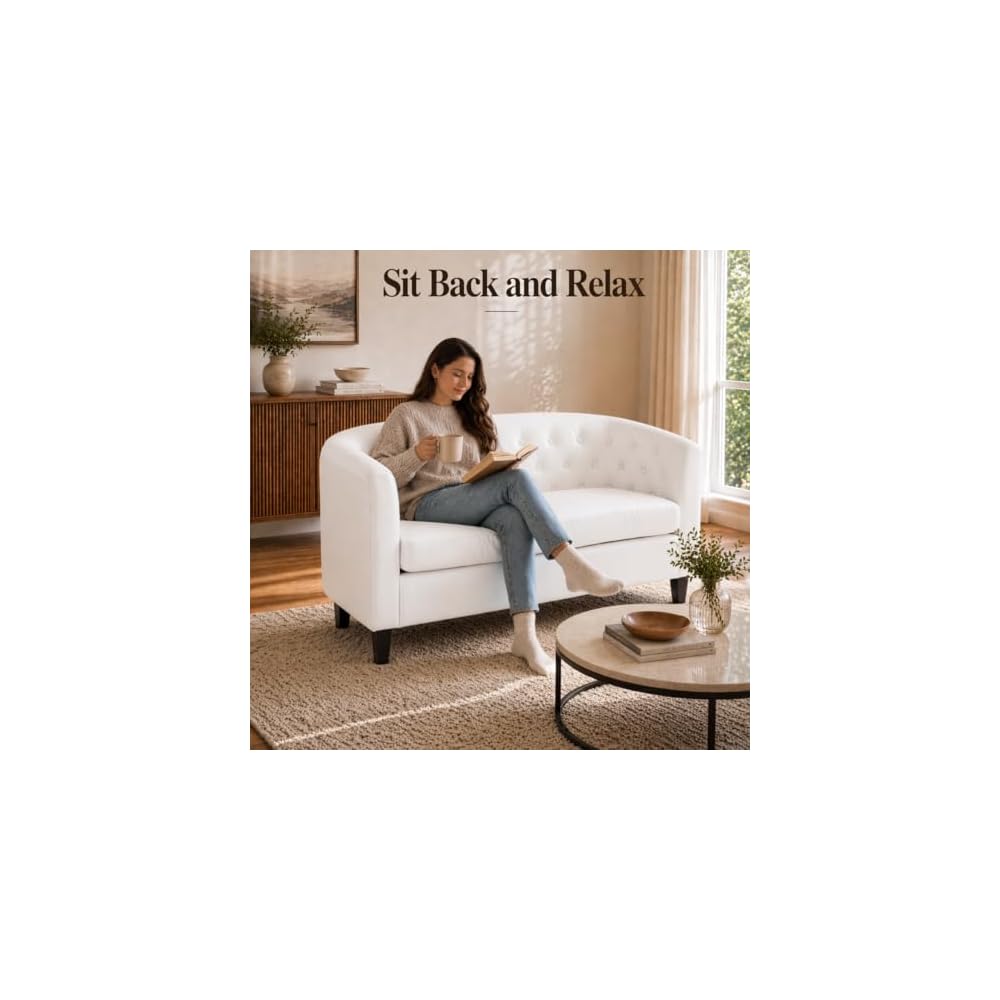 Emma Faux Leather Loveseat Sofa - Tufted Barrel- White