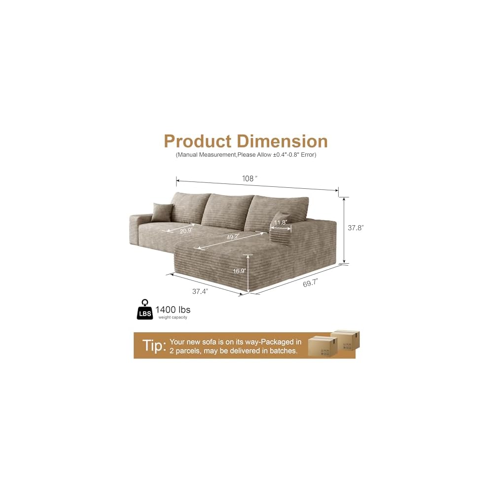 108" Sectional Couches for Living Room Modern Modular Sofa with L-Shape Couchs Upholstered Boneless Couch Deep Seat Sectional Couch with Chaise
