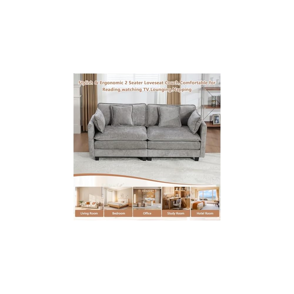 Modular Sectional 2 Seater Cloud Sofa Couch for Living Room,Loveseat Couch with Deep Seat,Modern Chenille 2 Seat Sofas,Fluffy Small Couches for Bedroom,Small Spaces (Grey, 2 Seater)