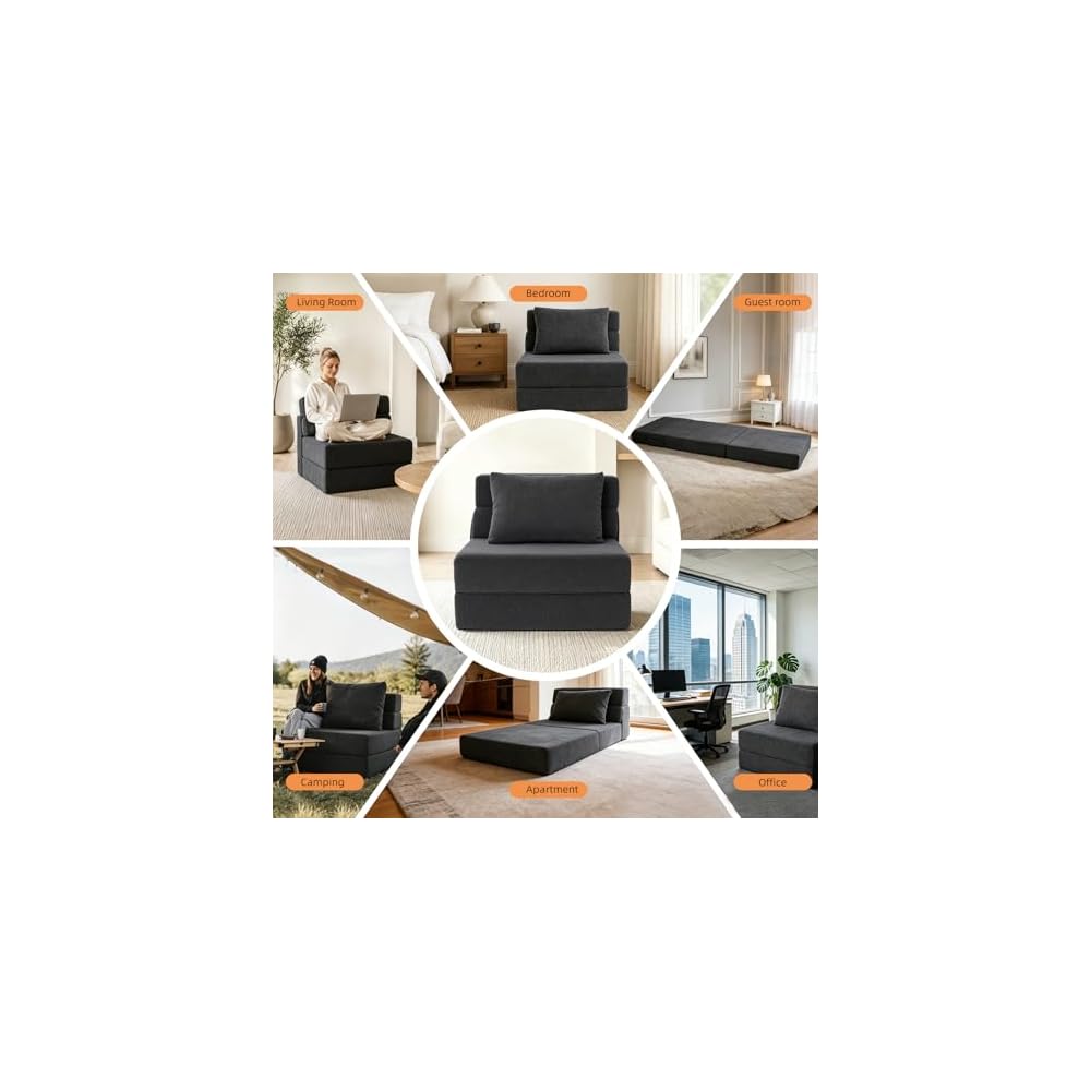 Folding Sofa Bed, Convertible Sleeper Chair with Pillow, Fold Out Chair Bed, High-Density Foam Floor Couch Bed, Foldable Futon Couch Lounge for Living Room (Grey, Single)