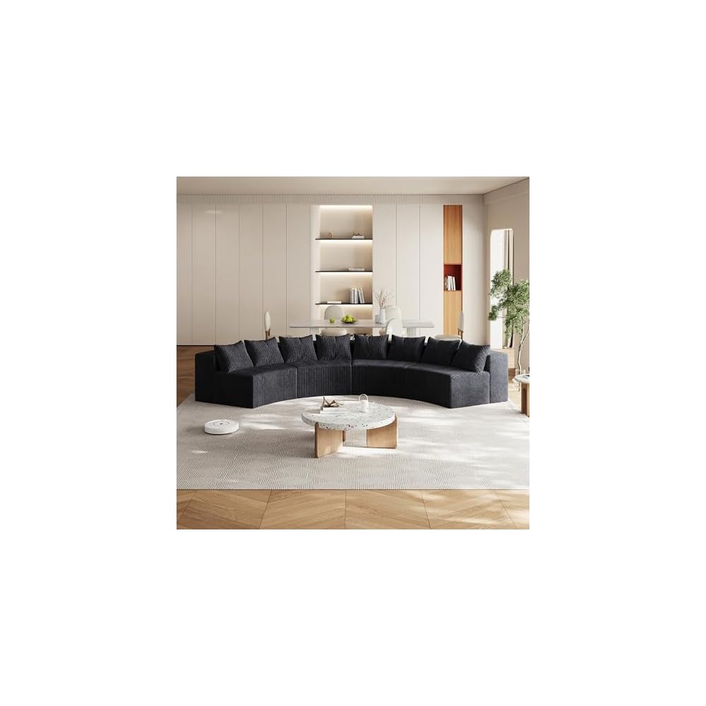 4 Seat Corduroy Curved Sectional Sofa, Symmetrical Modular Semi Circular Couch, Deep Seat Tufted Corner Sofa for Living Room, Lobby, Black