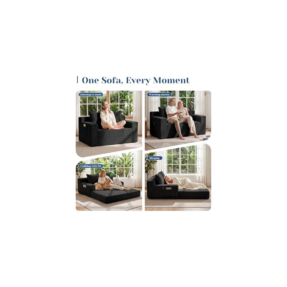 Convertible Sofa Bed,Small Boneless Couch & Boneless Loveseat,Pull Out Couch Bed for Small Spaces,Premium Luxe Corduroy Folding Floor Futon Sleeper with Side Pocket & 2 Pillows, No Assembly Required