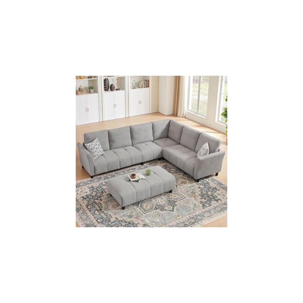 103" Convertible Sectional Sofa with Long Ottoman, Modern Upholstered Fabric L-Shaped Couch with Back Cushions, 6 Seat Sofa Couches for Living Room, Apartment, Office, Light Grey