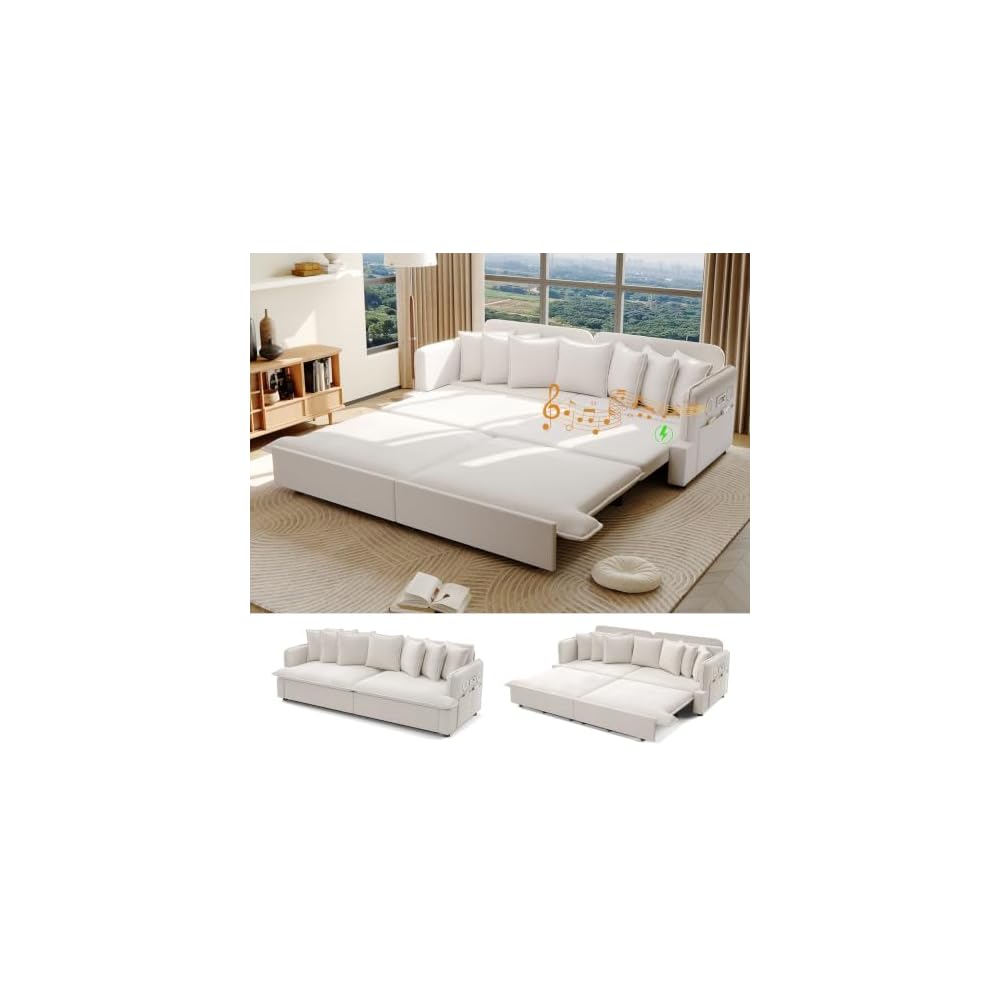 81.8" Sleeper Sofa Bed King Size, 3-in-1 Convertible Corduroy Sofa, Beige
