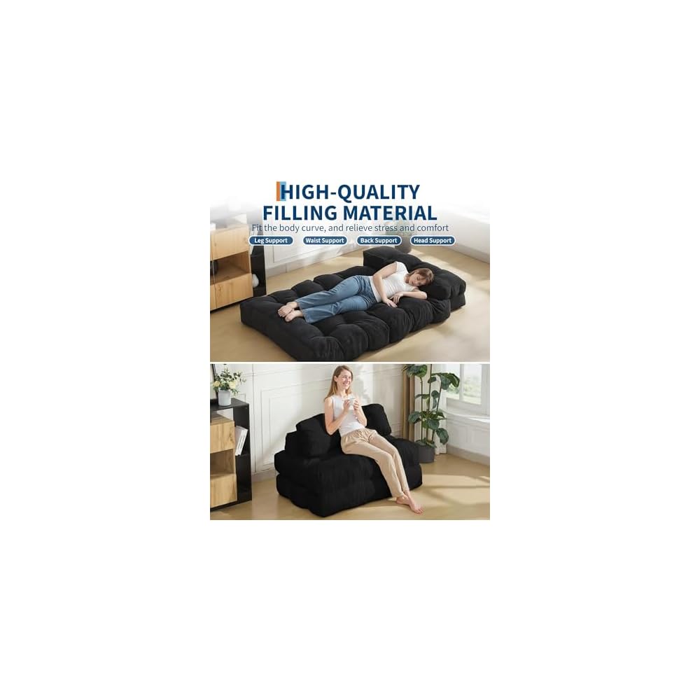 3-in-1 Folding Convertible Sofa Bed with Pillow Foldable Matress with Back Support, Black Double Comfy Portable Sleeper Chair Floor Sofa Lounge for Living Room Bedroom, No Assemble Required