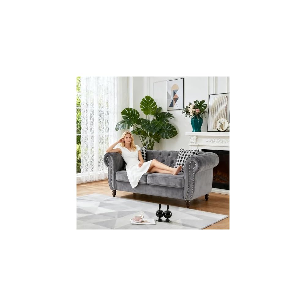 Loveseat, Velvet Fabric Two- Seater Couch, Buckle Design and Rivet Decoration, Deep Seated Double Sofa, Suitable for Living Room, Bedroom, Apartment, Hotel, etc (Gray) (Gray)