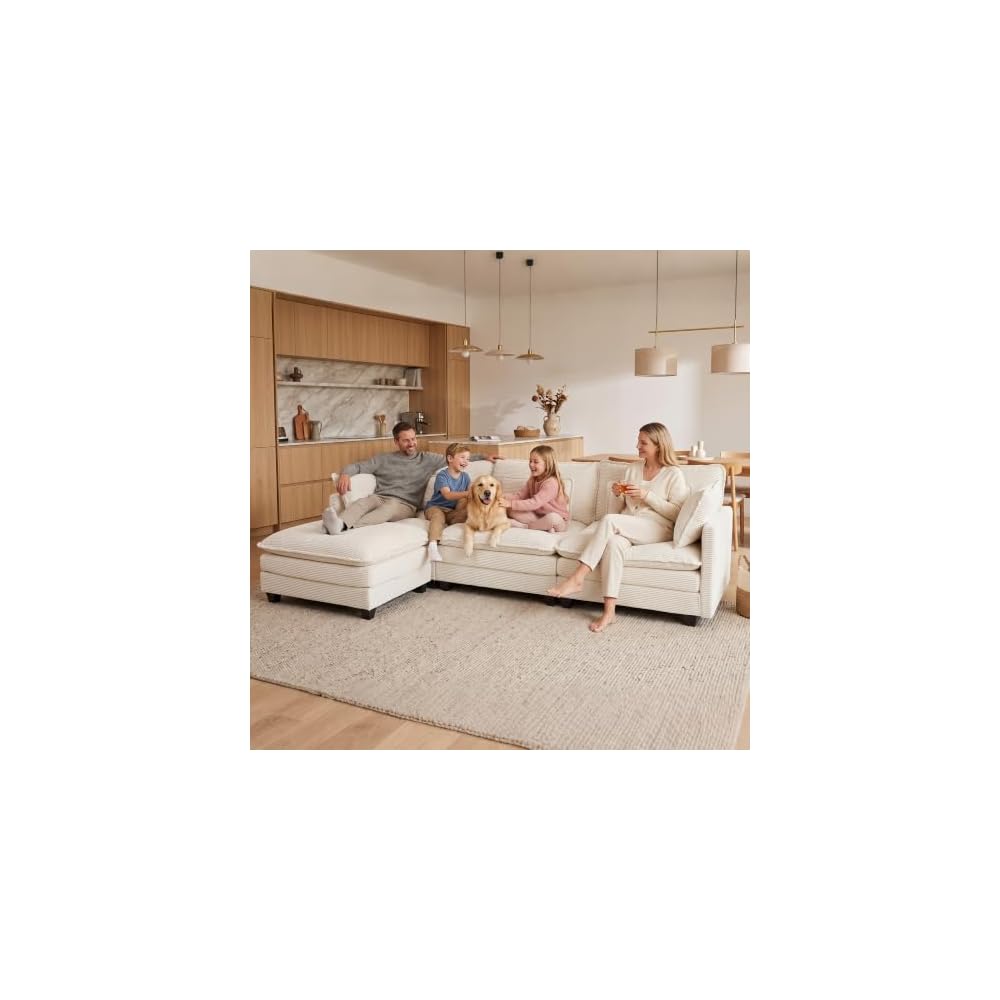 111" L Shaped Sectional Couches for Living Room with Movable Ottoman, Modular Cloud Couch with Deep Seat, Comfy Corduroy Sofa with Pillows for Bedroom and Apartment, Beige