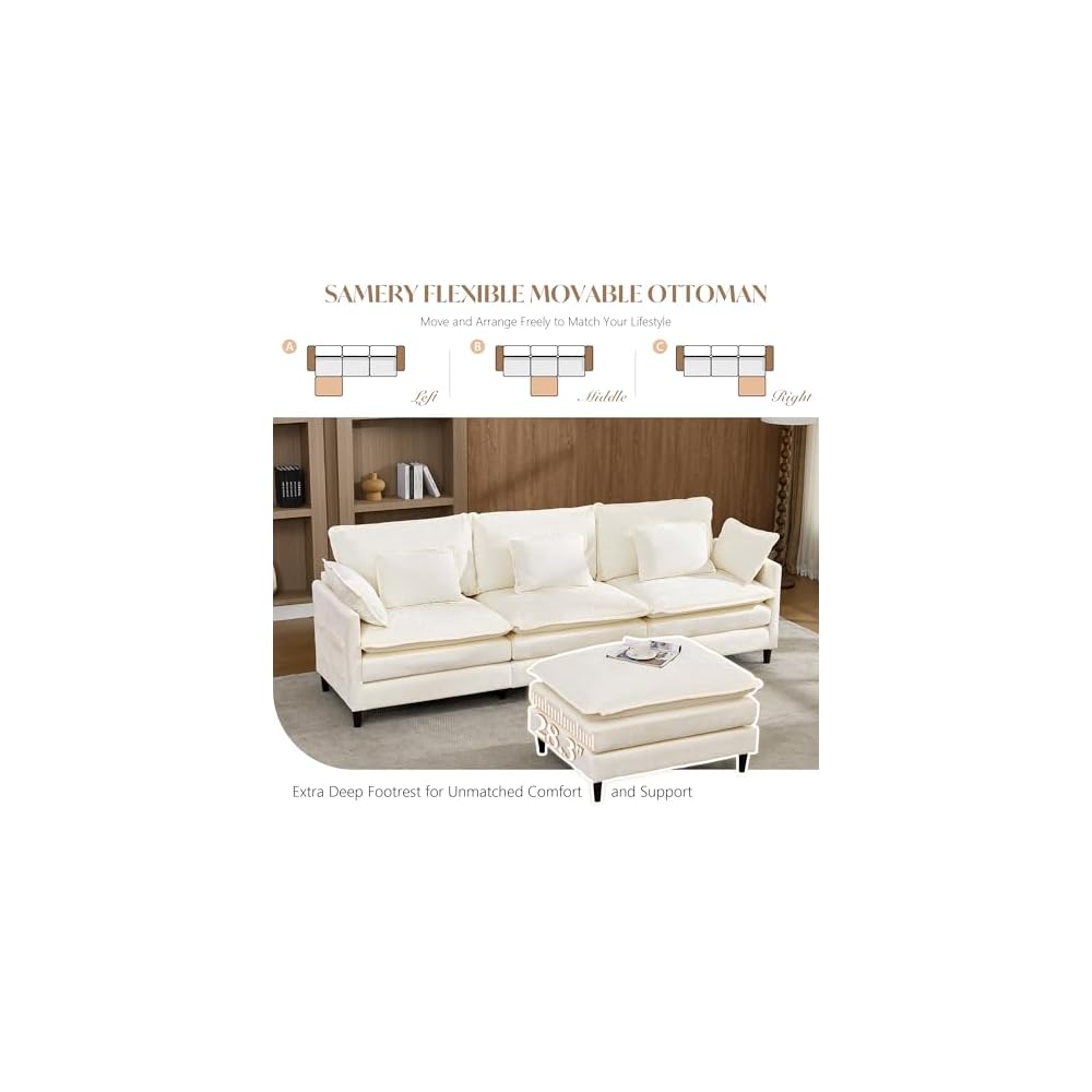 113" Modular Sectional Sofa Comfy Cloud Couch with Movable Ottoman Pillows, Deep Seat Chenille Modular Sofa L Shaped Cloud Sectional Couches for Living Room, Bedroom, Apartment, Beige