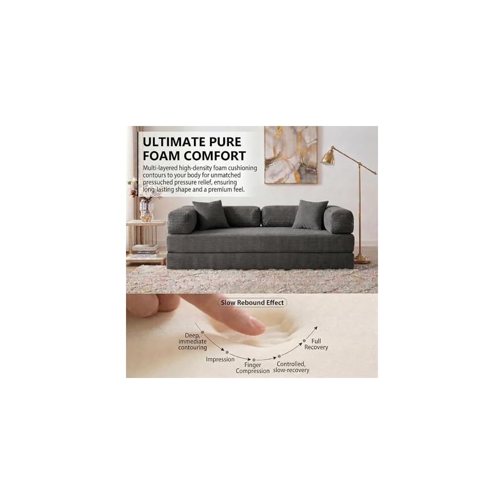 79" Convertible Sofa Bed, 4-in-1 Corduroy Boneless Futon Couch, Folding Sleeper Sofa, No Assembly Floor Couch for Living Room, Bedroom, Apartment, Grey