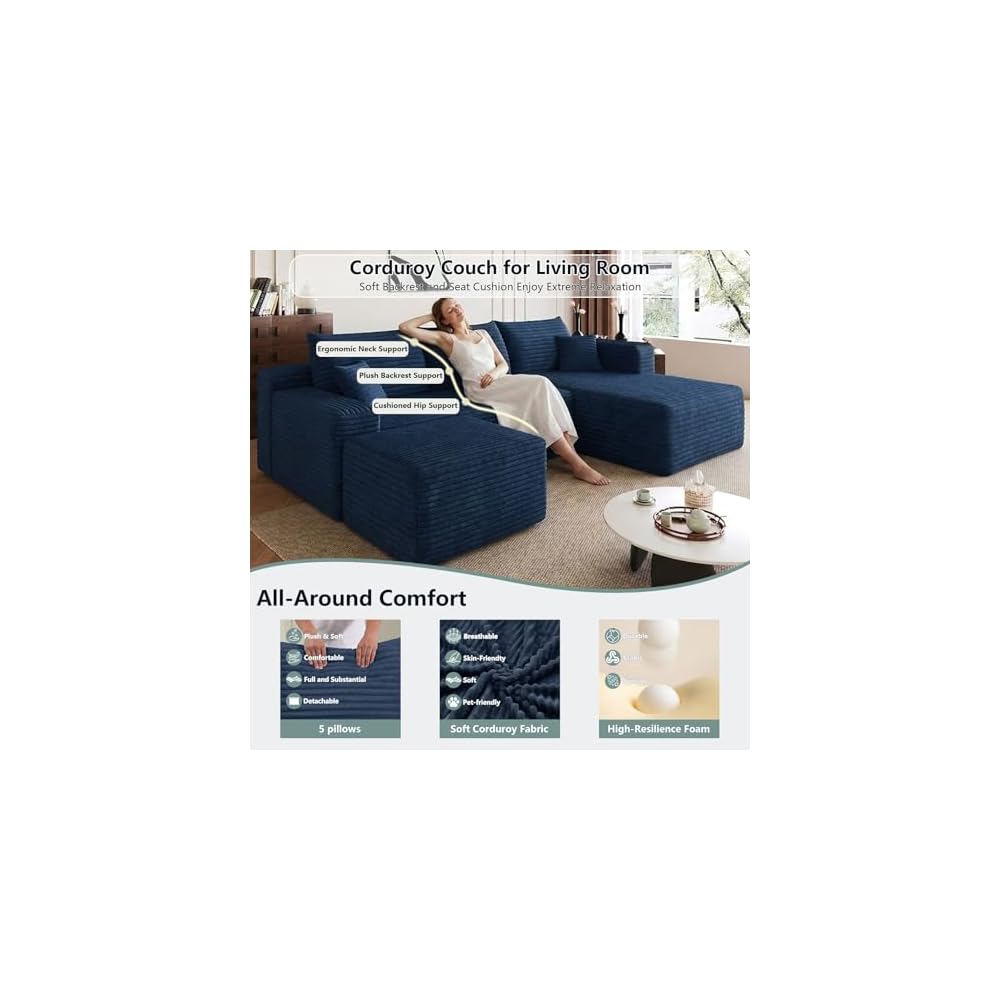 95" Boneless Couch with Ottoman, Modern U Shaped Cloud Sectional Couch