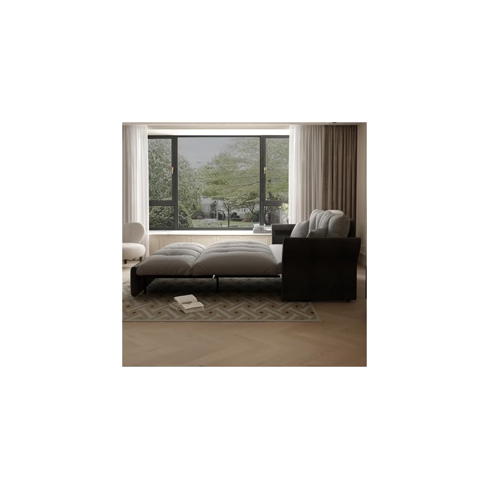 74.8” Queen Pull Out Sofa Bed, 3 in 1 Convertible Sleeper Sofa Futon Pullout Couch, Velvet Tufted Cloud Loveseat with 2 Pillows for Living Room Bedroom Apartment, Grey
