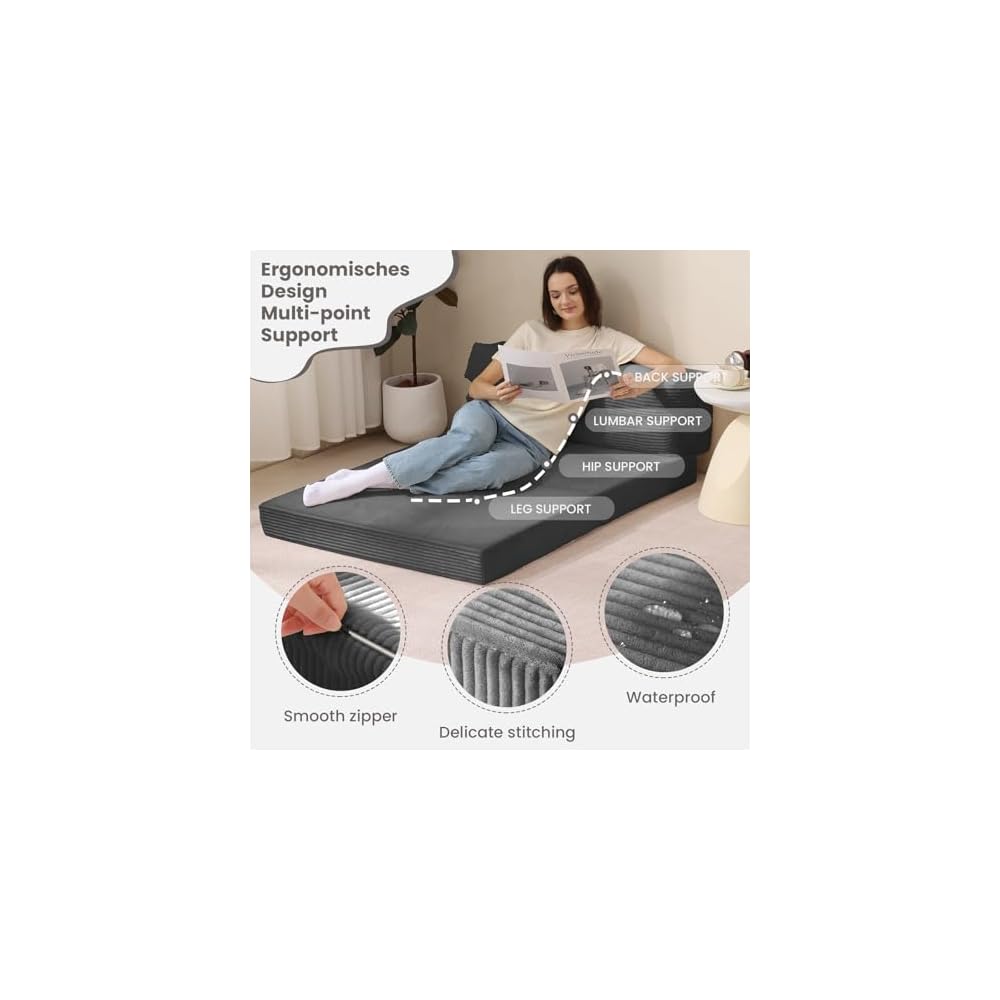 Folding Sofa Bed, Convertible Sleeper Chair with Pilow Foldable Matress, 2 in 1 Pull Out Loveseat Sofa Portable Fold Out Chair Bed Floor Couch Lounge for Living Room Bedroom (Grey, Full)