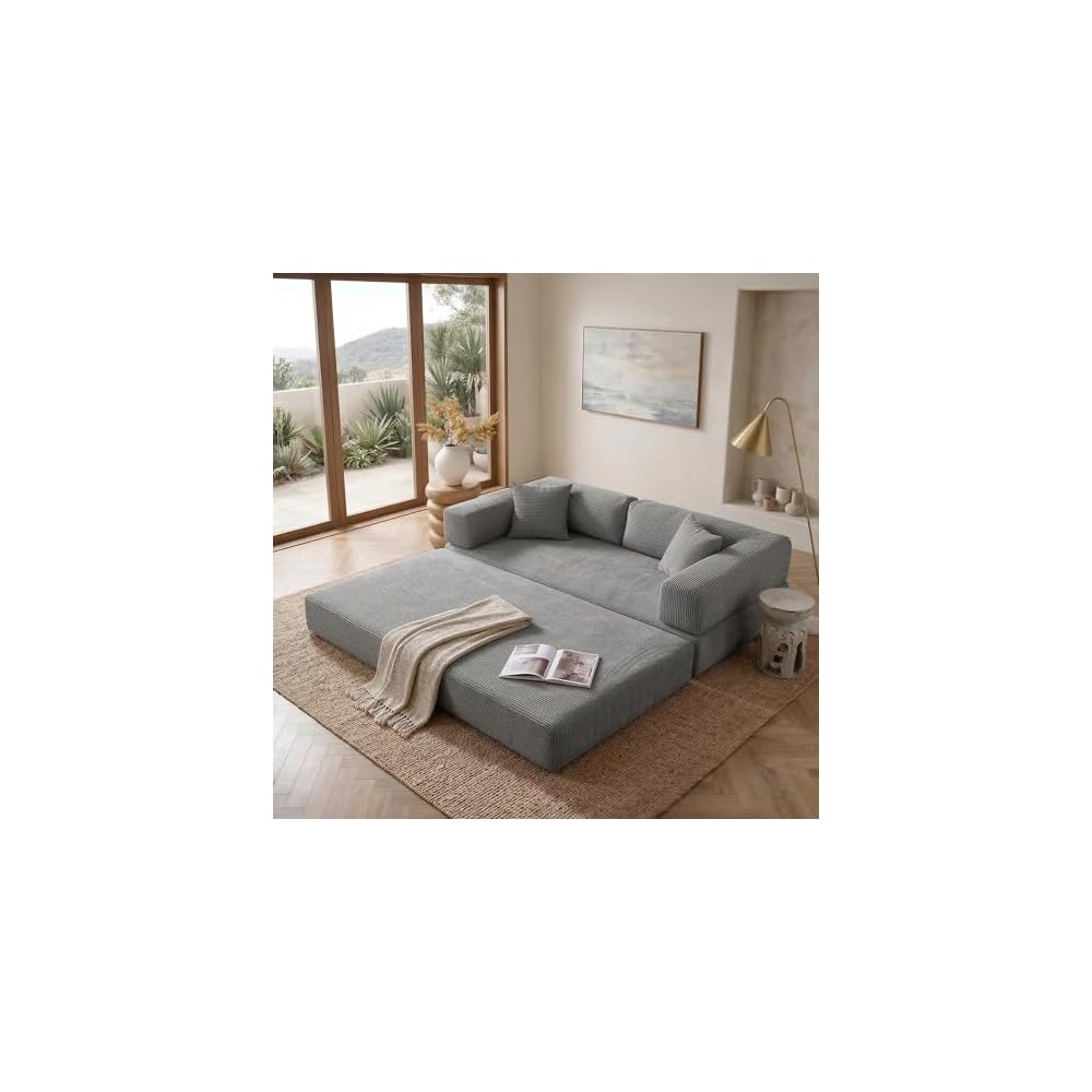 79" Convertible Sofa Bed, 4-in-1 Corduroy Boneless Futon Couch, Folding Sleeper Sofa, No Assembly Floor Couch for Living Room, Bedroom, Apartment, Grey