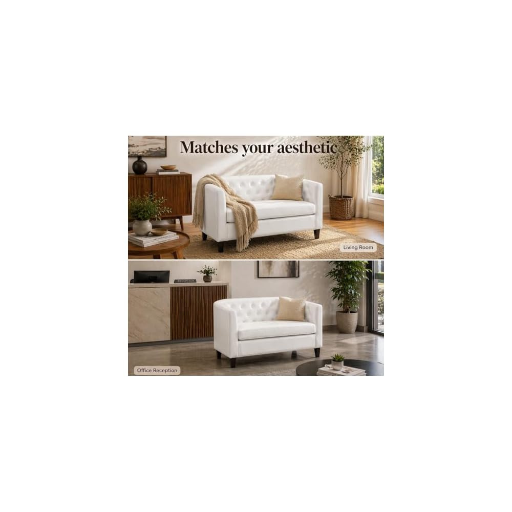 Emma Faux Leather Loveseat Sofa - Tufted Barrel- White