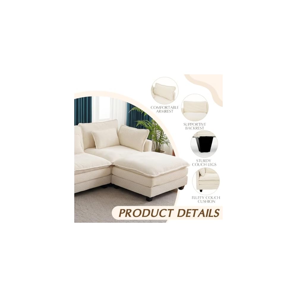 111" L Shaped Sectional Couches for Living Room with Movable Ottoman, Modular Cloud Couch with Deep Seat, Comfy Corduroy Sofa with Pillows for Bedroom and Apartment, Beige