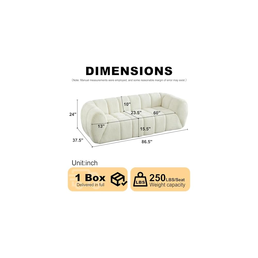 86.5" Boneless Sofa Couch with Extra Deep Seats, Comfy Tufted Fabric 3 Seater Couch for Living Room Modern Compression Foam Love Seat Upholstered Oversized Cloud Sofa,No Assembly (Beige)