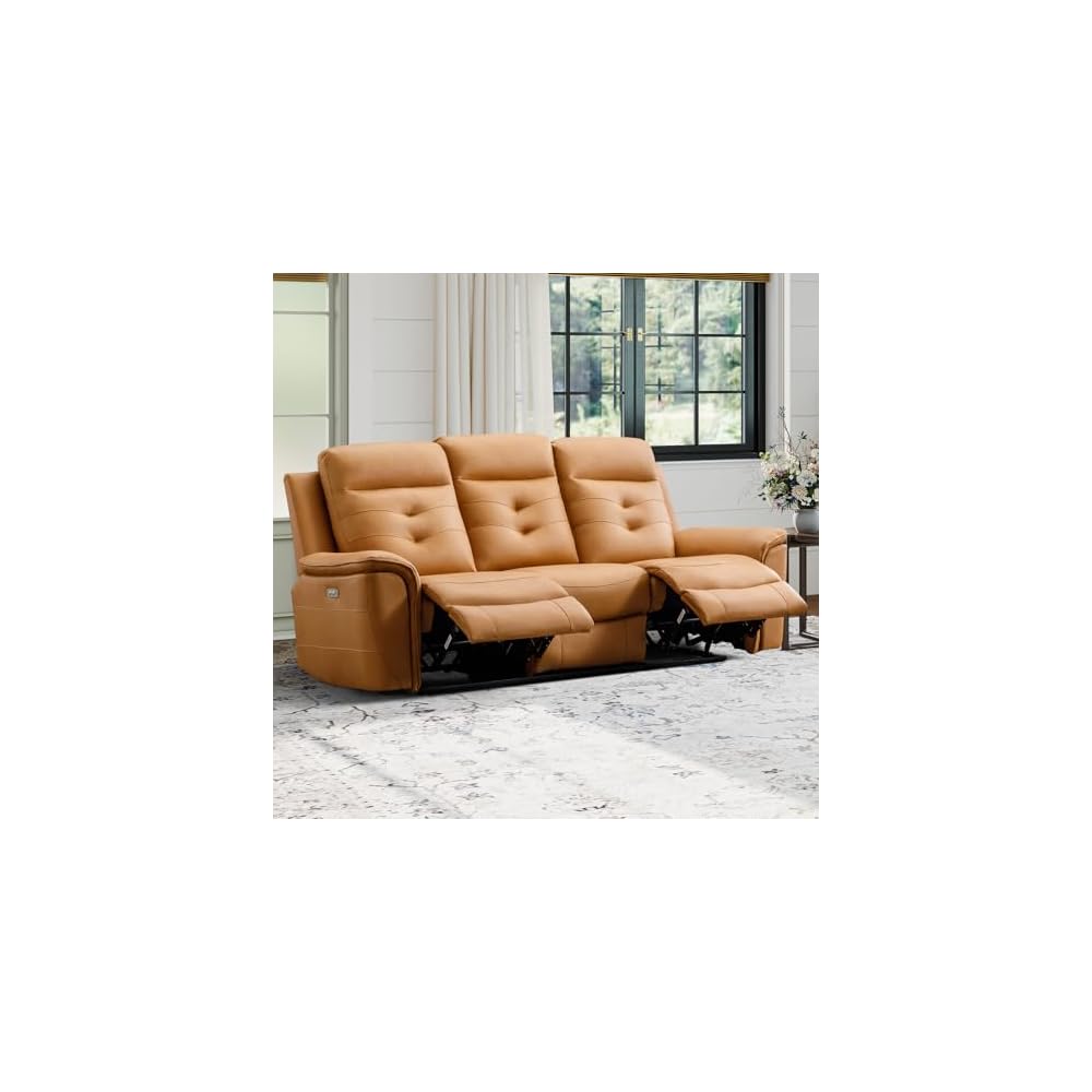 Power Recliner Sofa Couch, Breathable Faux Leather Reclining Couches with USB Charging Port, Overstuffed Armrest and Backrest, 3-Seater Electric Recliner Sofa for Living Room, Brown