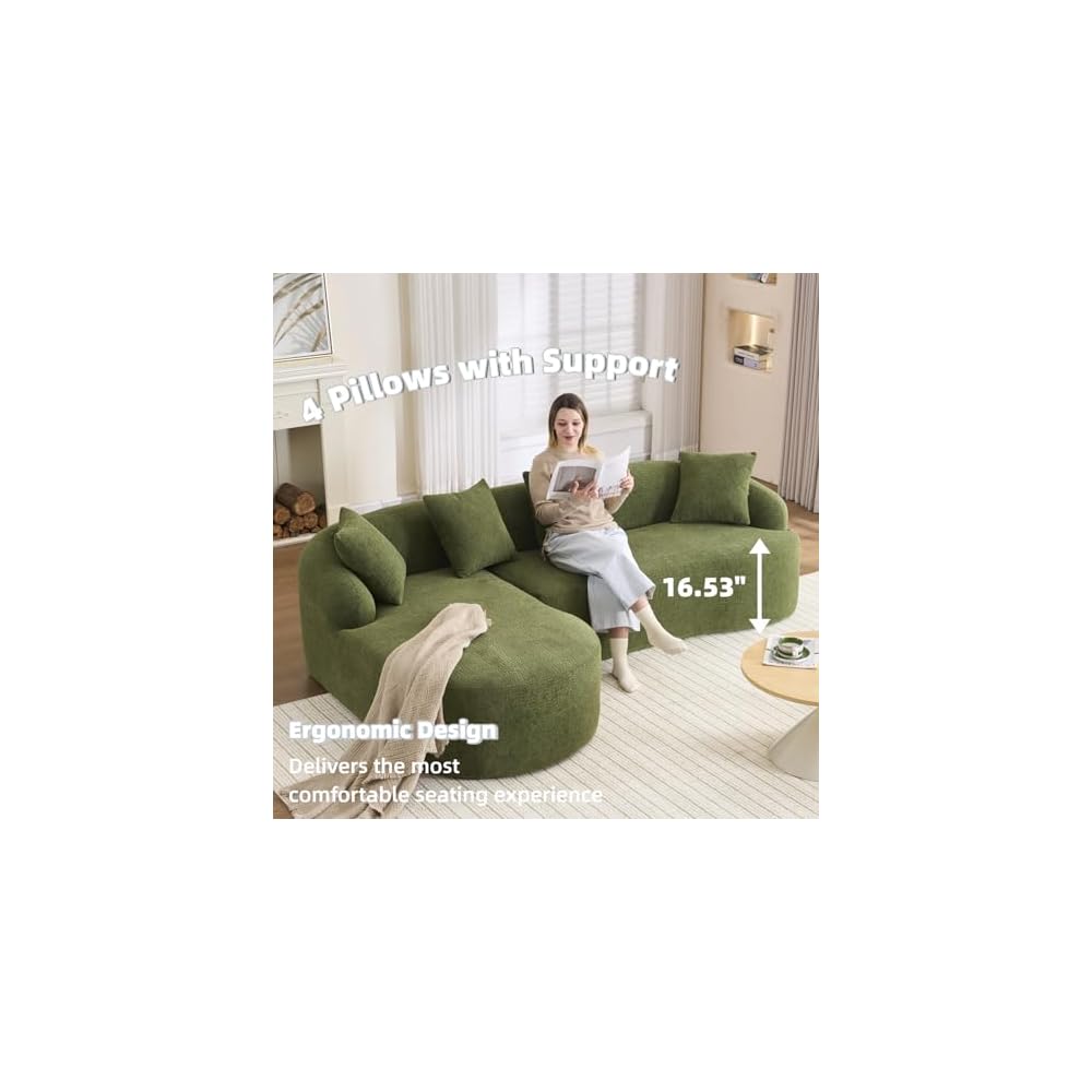99" Curved Sofa with L-Shape Chaise,Modern Cloud Curved Couch with Deep Seat,No Assembly Required,Upholstered Oversized Couches for Living Room,Apartment (Green, 99Inch)