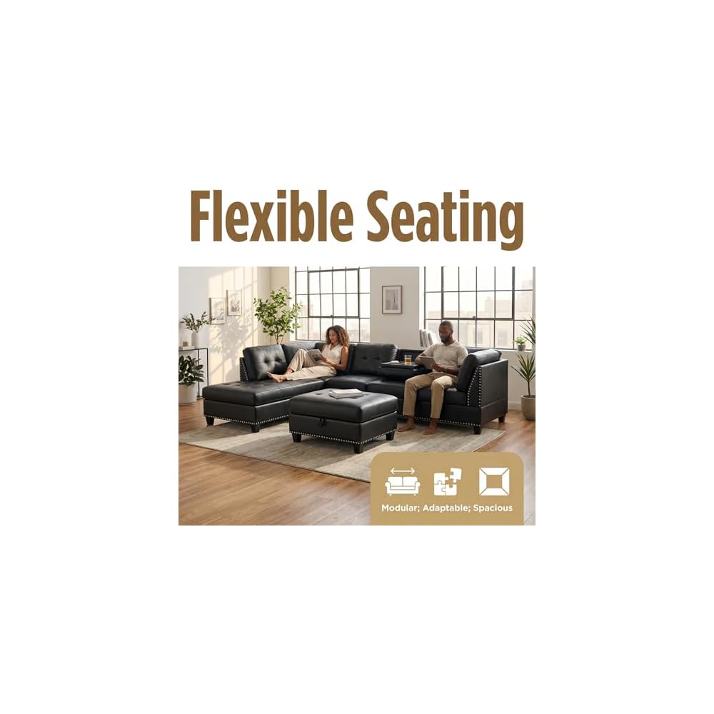 L-Shaped Sectional Sofa with Movable Chaise & Storage Ottoman - 3-Piece Leather Modular Convertible Couch for Living Room, Apartment & Home Office, Gloss Black