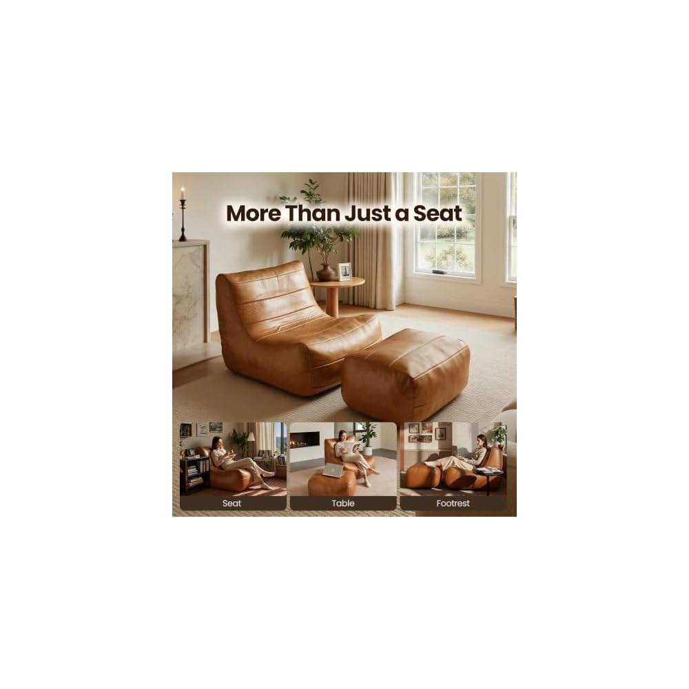 Lazy Sofa with Ottoman - Accent Chair Upholstered with Footrest Set, Faux Leather Fabric Modern Chaise Lounge, Cozy Reclining Chair for Reading Room, Living Room, Brown
