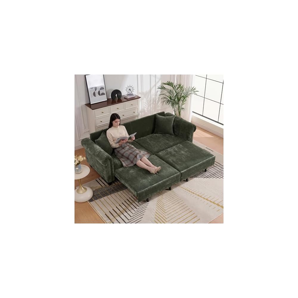 King Size Pull Out Sofa Bed 3 in 1 Classic Modern Convertible Sleeper Chenille Upholstery Nailhead, Rolled Arm Sturdy Metal Frame 600 lbs for Living Room Apartment Office Small Spaces, Green