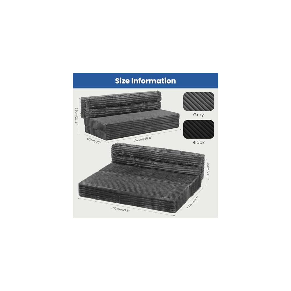 Tri-Fold Futon Sofa Bed, 6 Inch Foldable Floor Couch, High-Density Foam Convertible Sleeper Sofa with Removable Washable Corduroy Cover, Portable Floor Mattress for Living Room