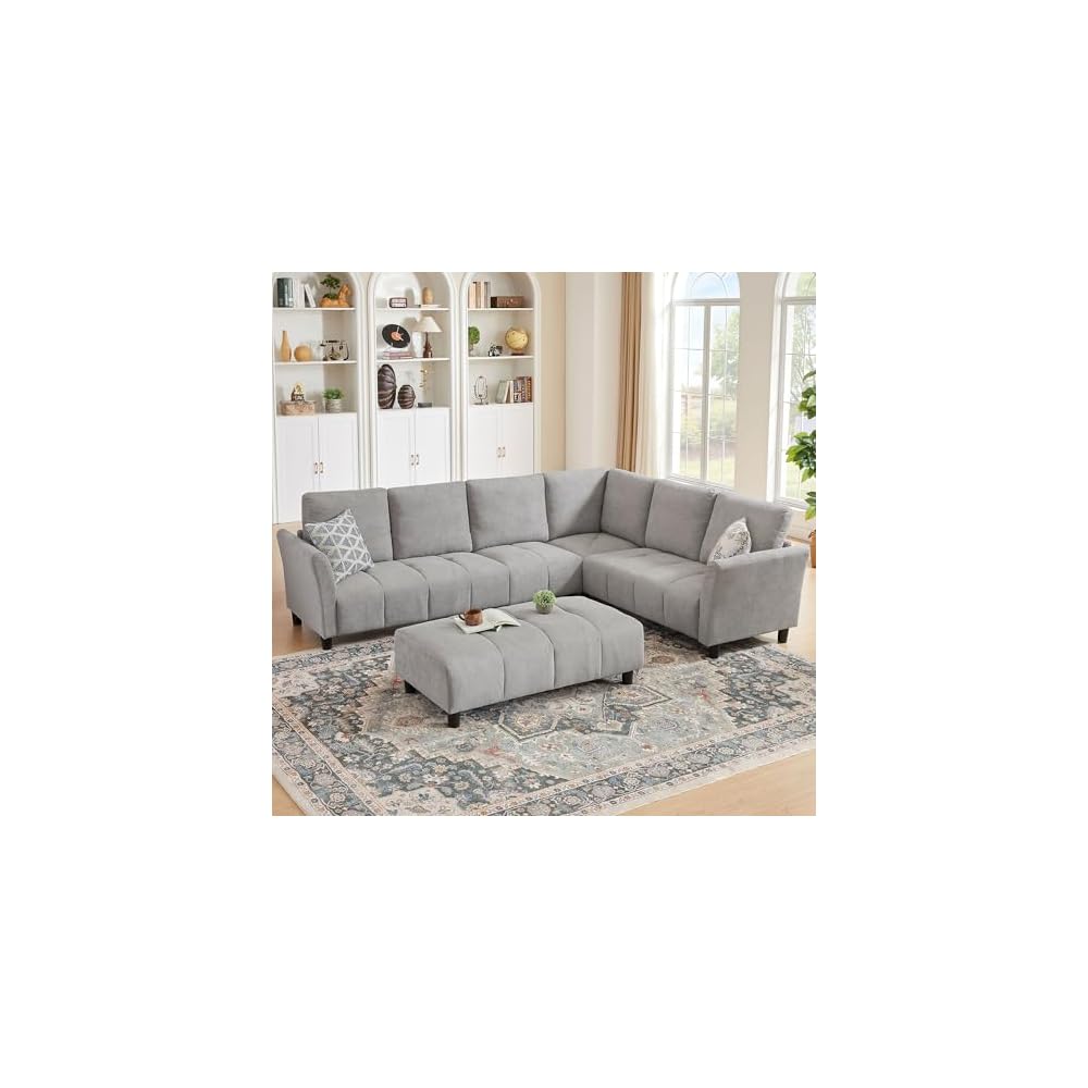 103" Convertible Sectional Sofa with Long Ottoman, Modern Upholstered Fabric L-Shaped Couch with Back Cushions, 6 Seat Sofa Couches for Living Room, Apartment, Office, Light Grey