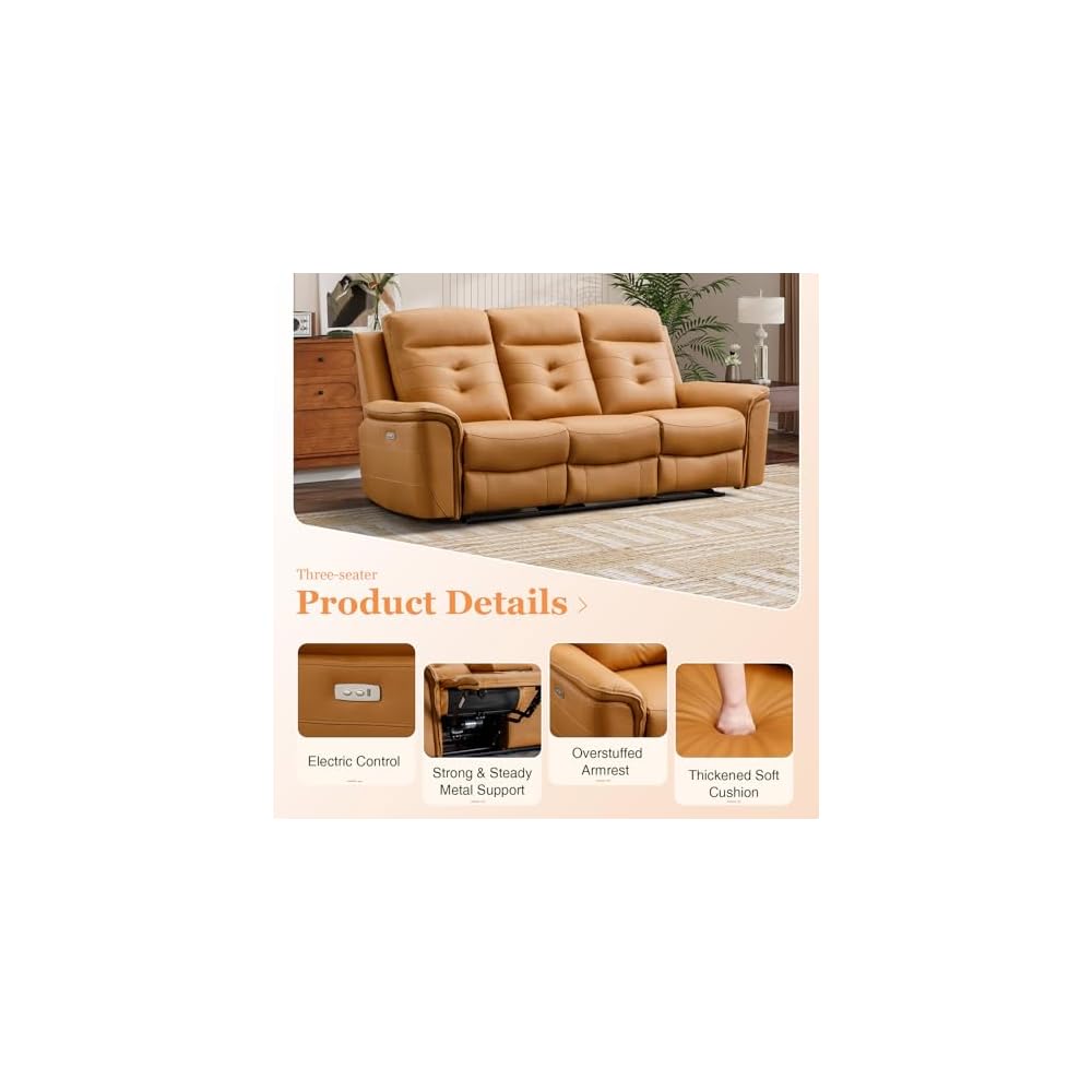 Power Recliner Sofa Couch, Breathable Faux Leather Reclining Couches with USB Charging Port, Overstuffed Armrest and Backrest, 3-Seater Electric Recliner Sofa for Living Room, Brown